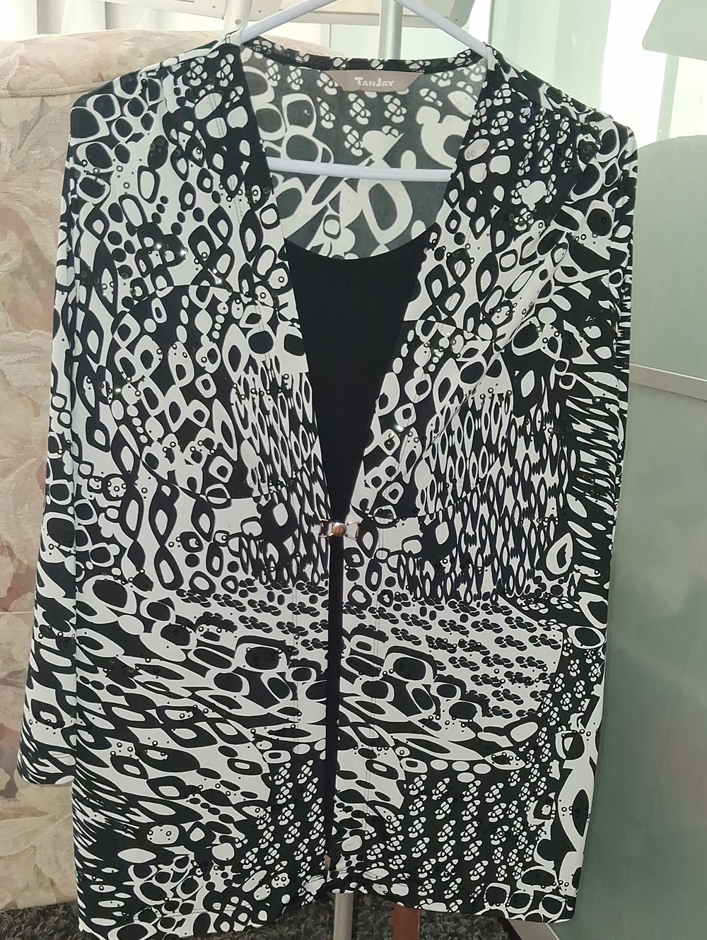 Bold Black & White Patterned Open Cardigan on Black Cami attache